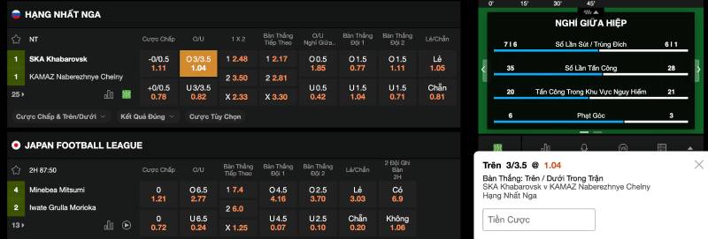 Cược Tài Xỉu theo biến động trong trận đấu (Cược live)