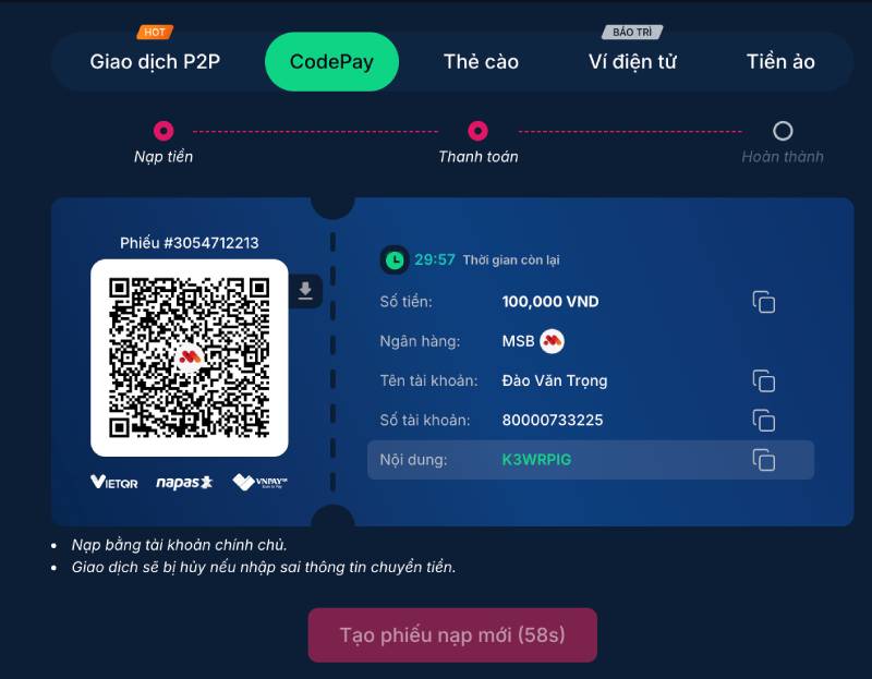 Nạp tiền qua CodePay