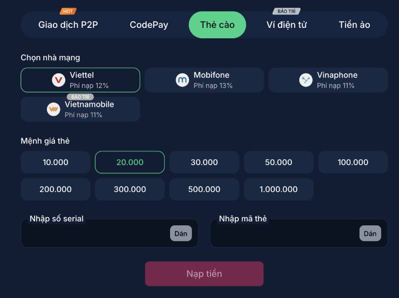 Nạp tiền qua tiền ảo