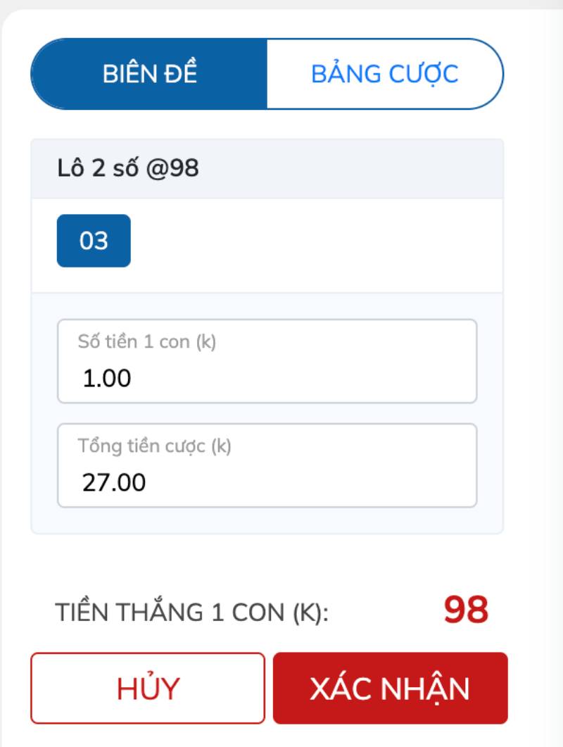Xác nhận cược và đặt tiền