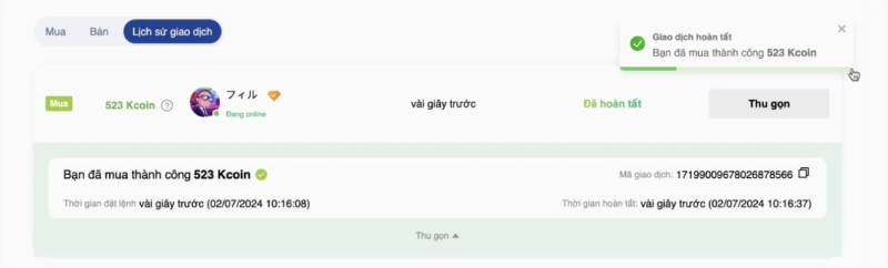 hoan tat giao dich kcoin